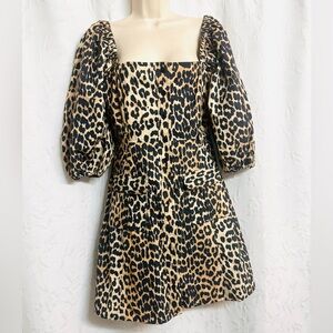 Ganni Black&Cream Animal Print A-Line Puff Cropped Sleeves Cocktail Dress 36/S/4